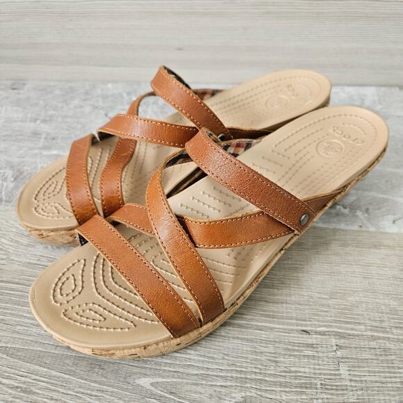 Crocs Women's A-Leigh Brown Leather Wedge Sandal Comfy Strappy Womens Size 11 - Picture 4 of 14